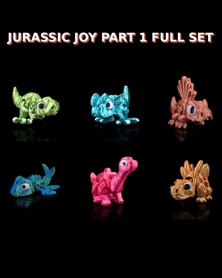 Jurassic Joy Part 1 Full Set: six colorful 3D-printed dinosaurs in green, teal, copper, blue, pink, and gold